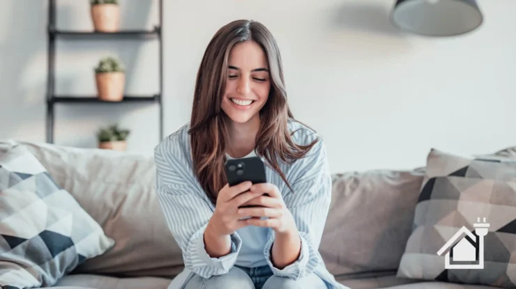 woman sits on couch using her phone to compare electricity rates in Texas