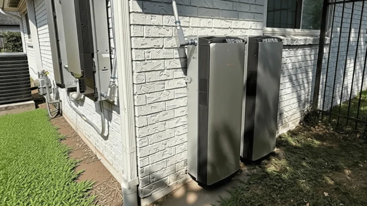 picture shows 2 side by side home batteries, converter and electrical panel