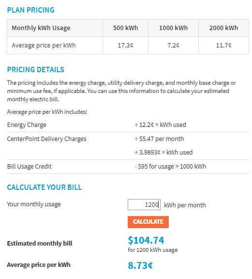 Plan Details and Bill Calculator example for Electricity Plans.