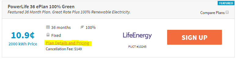 Image shows where to click the Plan Details and Pricing on each electricity plan.