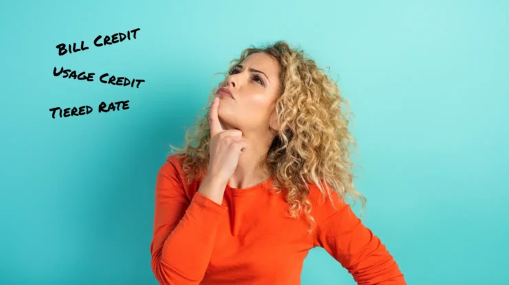 woman in orange shirt on a blue background pensively considers bill credit and usage credit electricity plans in Texas