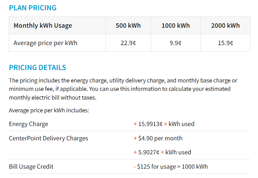 Image shows the average price per kWh for 500, 1000 and 2000 with a bill credit plan. The pricing details show the breakdown on this usage credit plan.