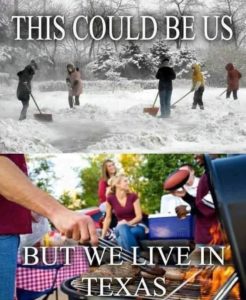 texas meme with picture of snow and texas bbq 