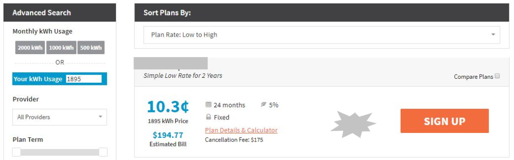 electricity calculator shows average rate and estimated bill based on usage