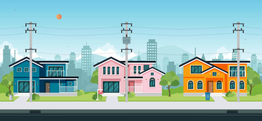 electricity will be delivered to your home whether you choose an electric provider or use the electric utility. Illustration shows houses in front of a city background, with electrical lines. 
