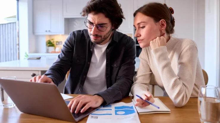 man and woman looking at computer and electricity bill.