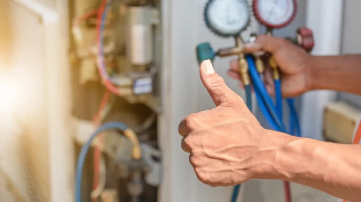 ac tune up photo showing man checking the freon levels on an ac unit