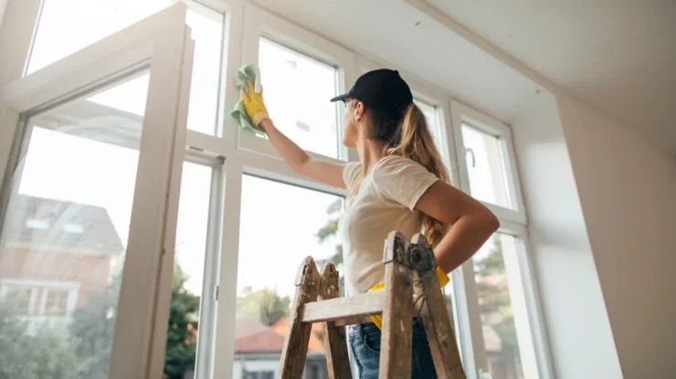 spring cleaning wiping windows to let in the sunshine and reduce electricity bills