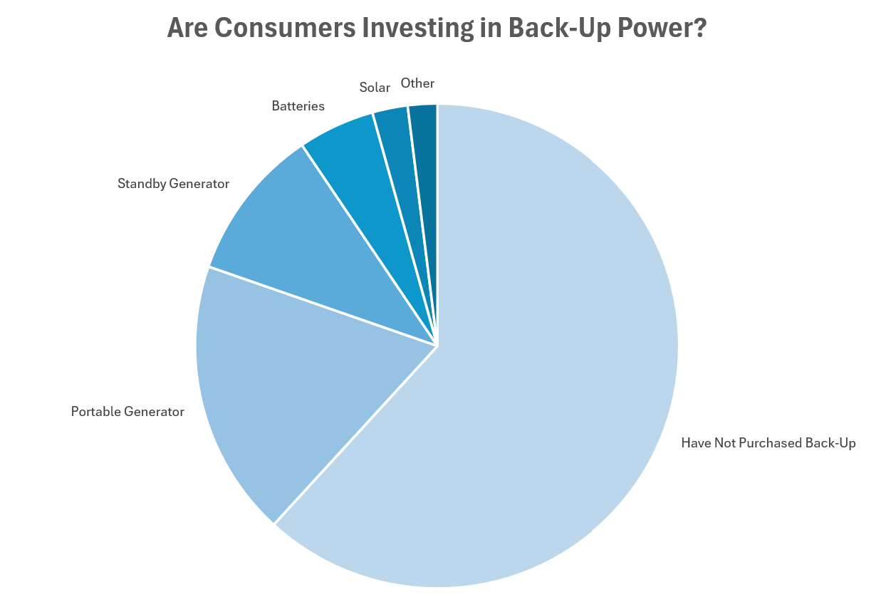 60% of texans have not purchased back-up power, but of the 40% who have, most have selected a portable generator.