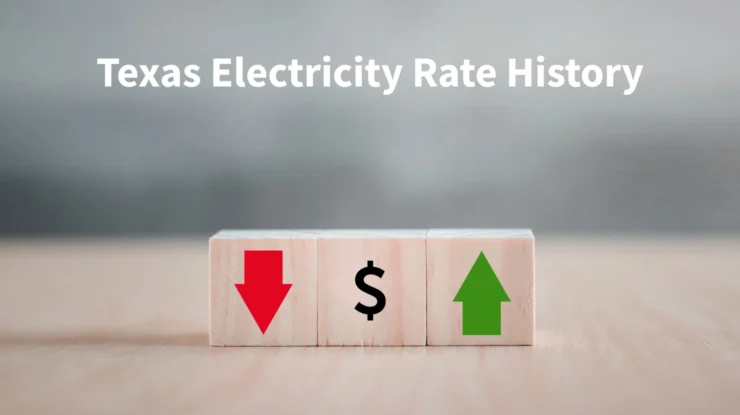 blocks show up and down arrows in graphic to discuss texas electricity rate history