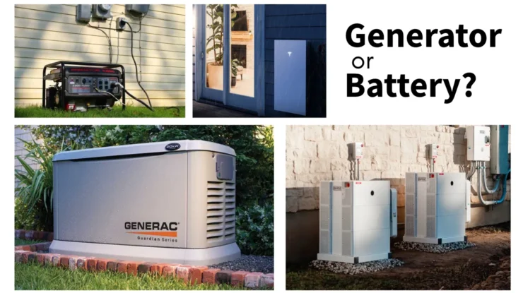 image shows portable and whole home generators, plus 2 options for home battery storage. Graphic text says " generator or battery"